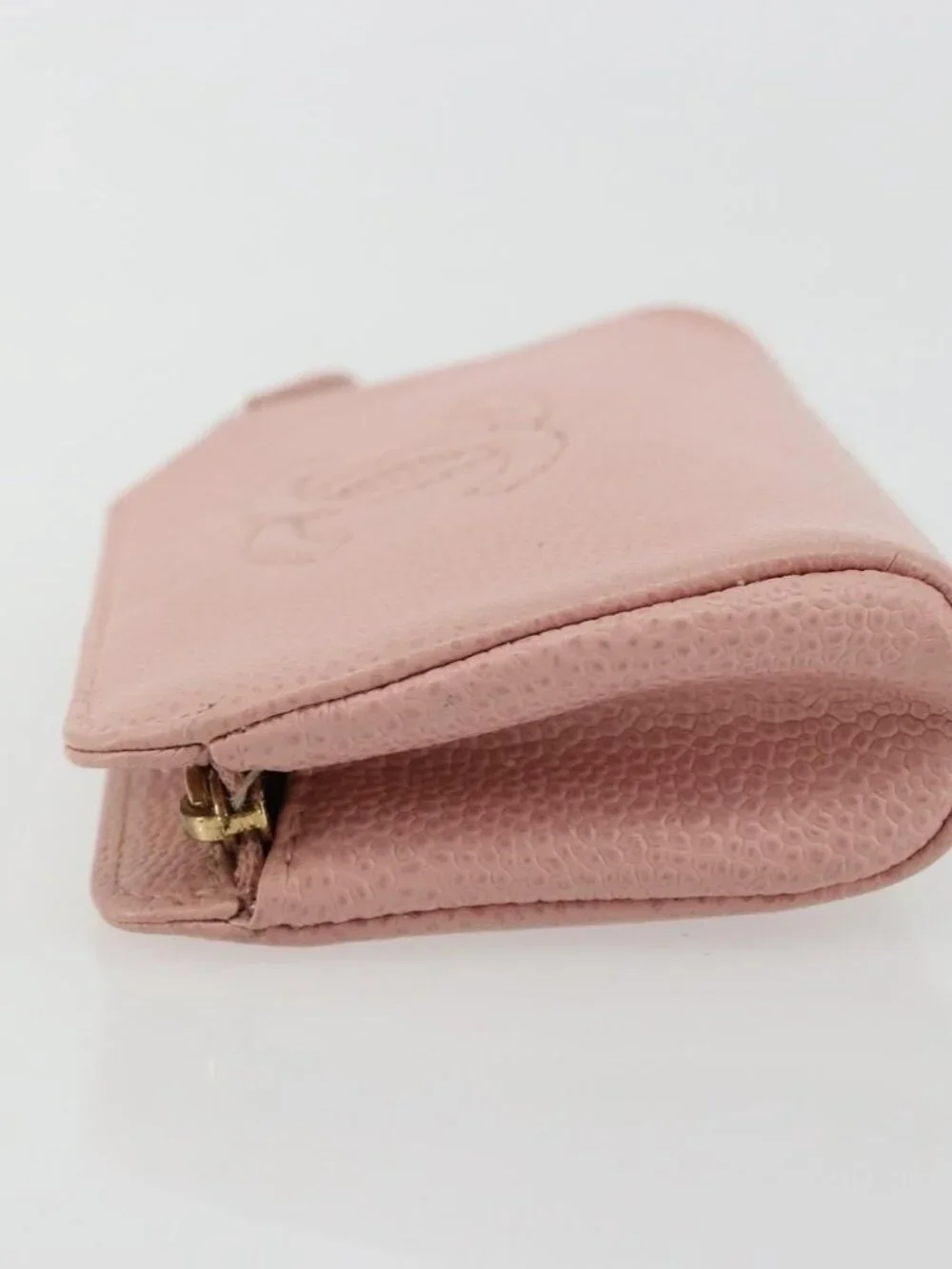 CHANEL Pouch Grained Calf Skin Pink Gold CC Auth 101855